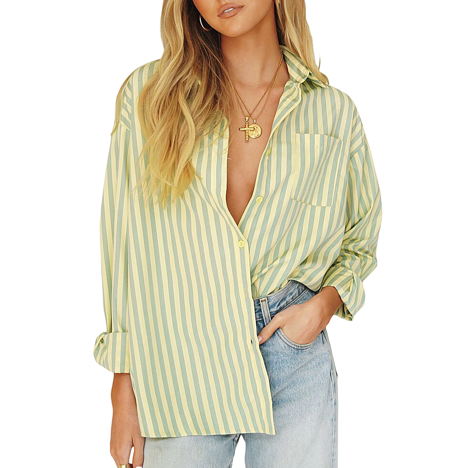 Женская рубашка-бойфренд с длинным рукавом, отложным воротником и принтом в полоску, Свободный Топ на пуговицах, лето-осень 2021 
Женская рубашка-бойфренд с длинным рукавом, отложным воротником и принтом в полоску, Свободный Топ на пуговицах, лето-осень 2021