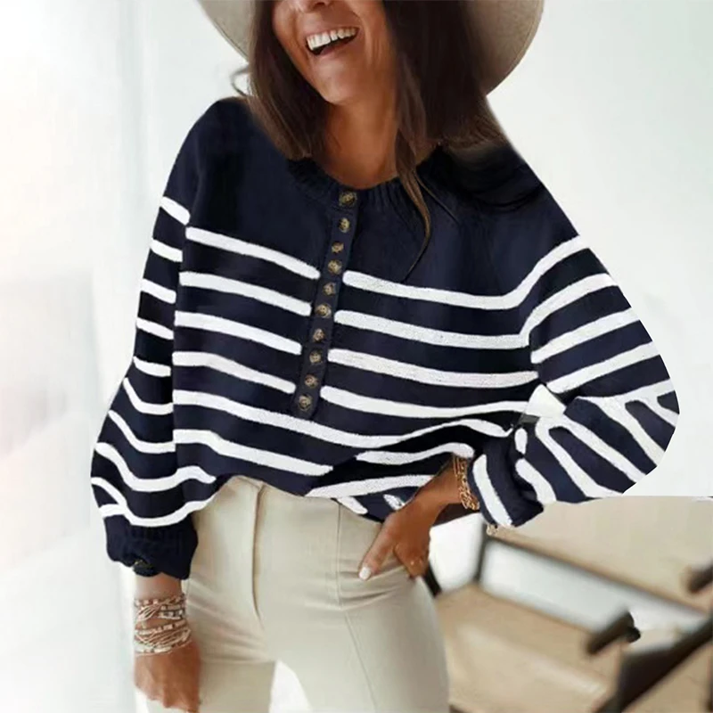 Autumn Winter New Long Sleeve Pullovers Women Vintage Striped Print O-neck Single-breasted Sweater Ladies Elegant Pullover
Autumn Winter New Long Sleeve Pullovers Women Vintage Striped Print O-neck Single-breasted Sweater Ladies Elegant Pullover