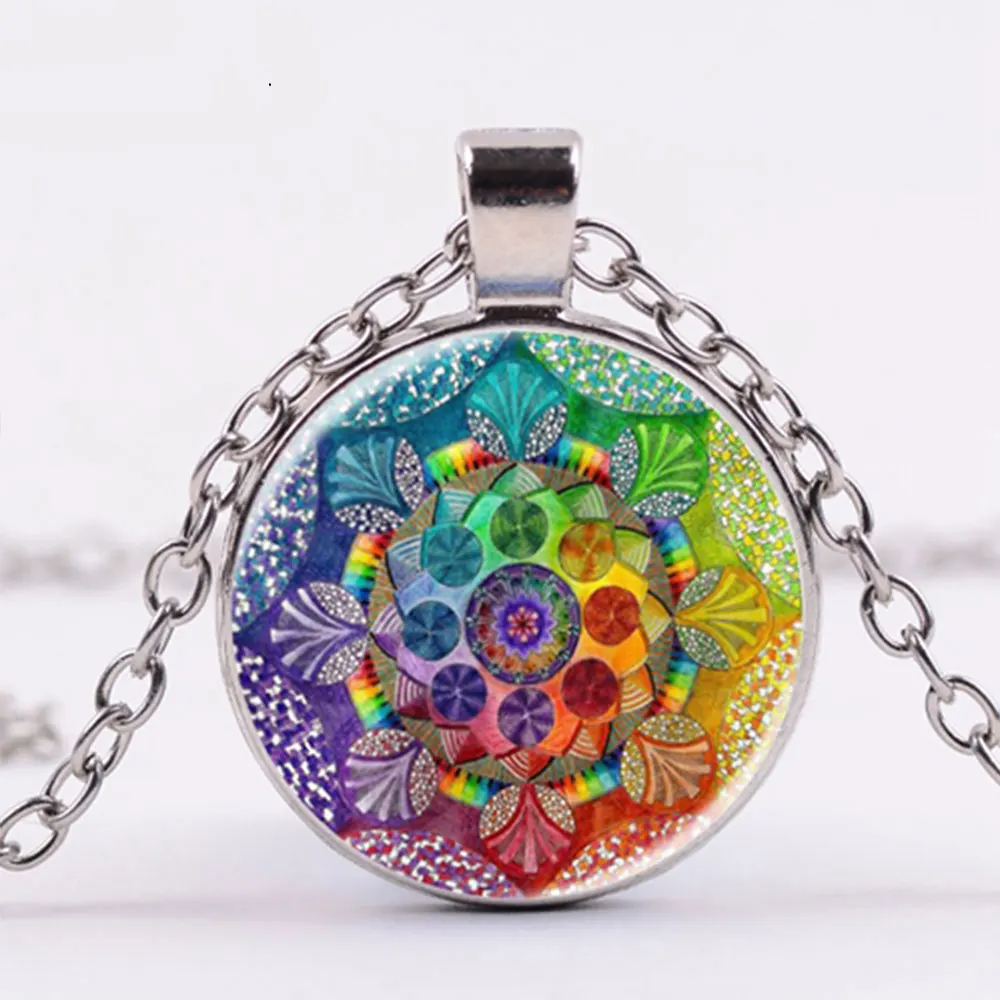 Classic Hindu Buddhism OM AUM Sign Buddha Lotus Necklace 7 Chakra Colorful Mandala Flower Of Life Pendant Necklaces Yoga Jewelry | Украшения