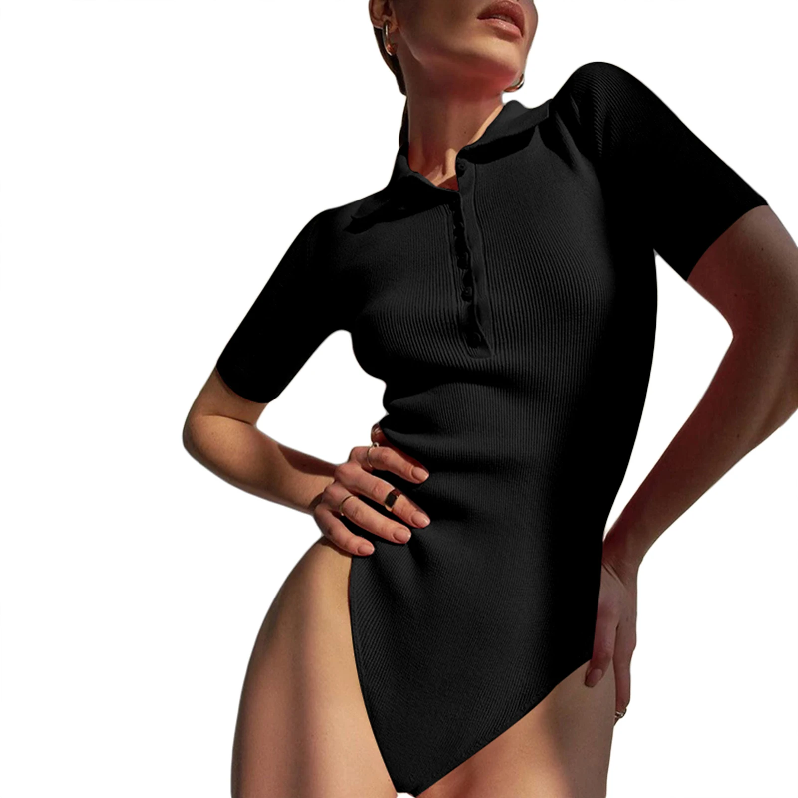 Women’s Casual Short Sleeve Bodysuit Fashion Solid Color Button Collar High Waist Tight Jumpsuit 
Women’s Casual Short Sleeve Bodysuit Fashion Solid Color Button Collar High Waist Tight Jumpsuit