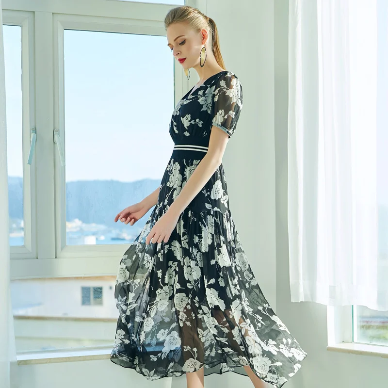 Silk Summer Dress Women Mid-Calf V-Neck Fashion Printing Elastic Waist Was Thin Dresses Long Women Fashion
Silk Summer Dress Women Mid-Calf V-Neck Fashion Printing Elastic Waist Was Thin Dresses Long Women Fashion