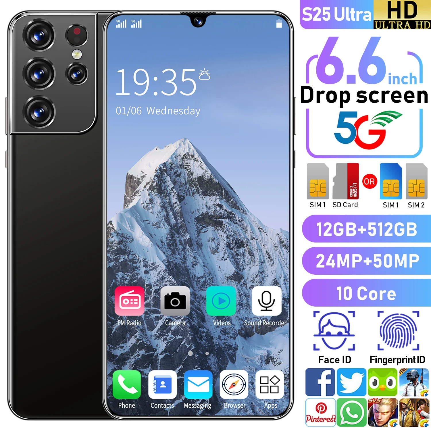 Global Version 5G Network S25 Ultra 6.6 Inch Smart Phone 6000mAh 12+512GB Support Fingerprint Unlock Dual SIM Mobilephone
Global Version 5G Network S25 Ultra 6.6 Inch Smart Phone 6000mAh 12+512GB Support Fingerprint Unlock Dual SIM Mobilephone