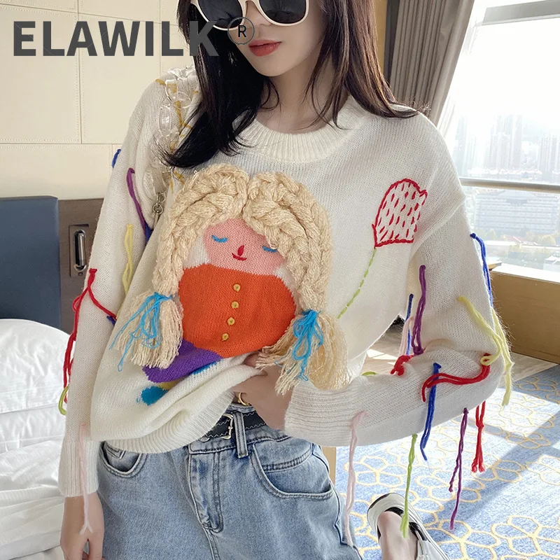 

Oversize Sweater Woman 2021 Doll Skill Cute Cartoon girl Appliques Loose White Pull Knitted Sweaters christmas jersey