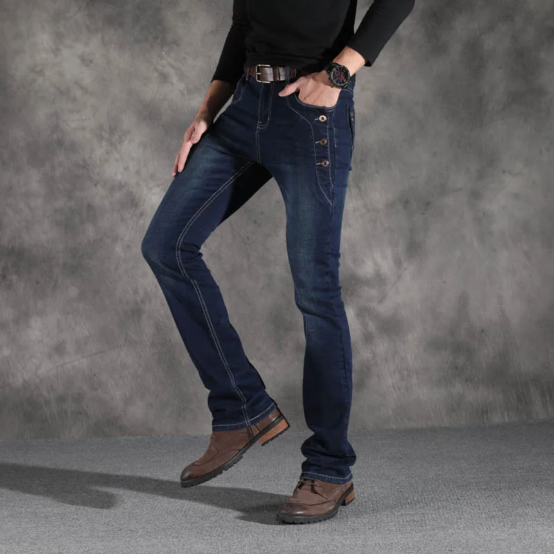 Мужские винтажные джинсы клеш повседневные Облегающие расклешенные с разрезами