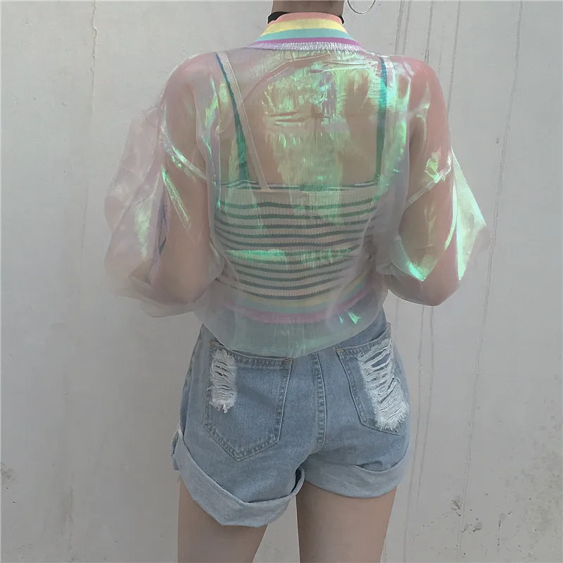 Harajuku Лето для женщин куртка Лазерная Радуга с голограммой женские BasicCoat