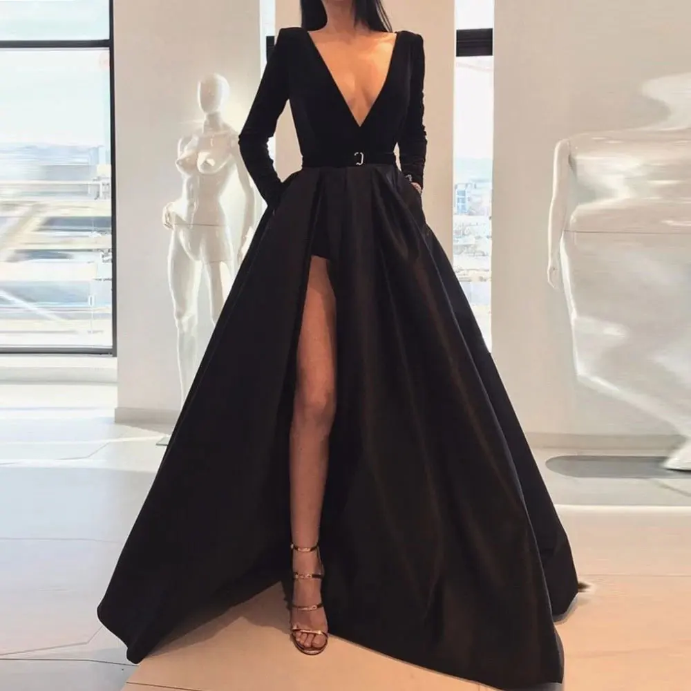 Black A-line V-Neck Sweep/Brush Front/Side Slit long-sleeved Floor length Belt Draped Simple Exquisite Evening Dresses
Black A-line V-Neck Sweep/Brush Front/Side Slit long-sleeved Floor length Belt Draped Simple Exquisite Evening Dresses