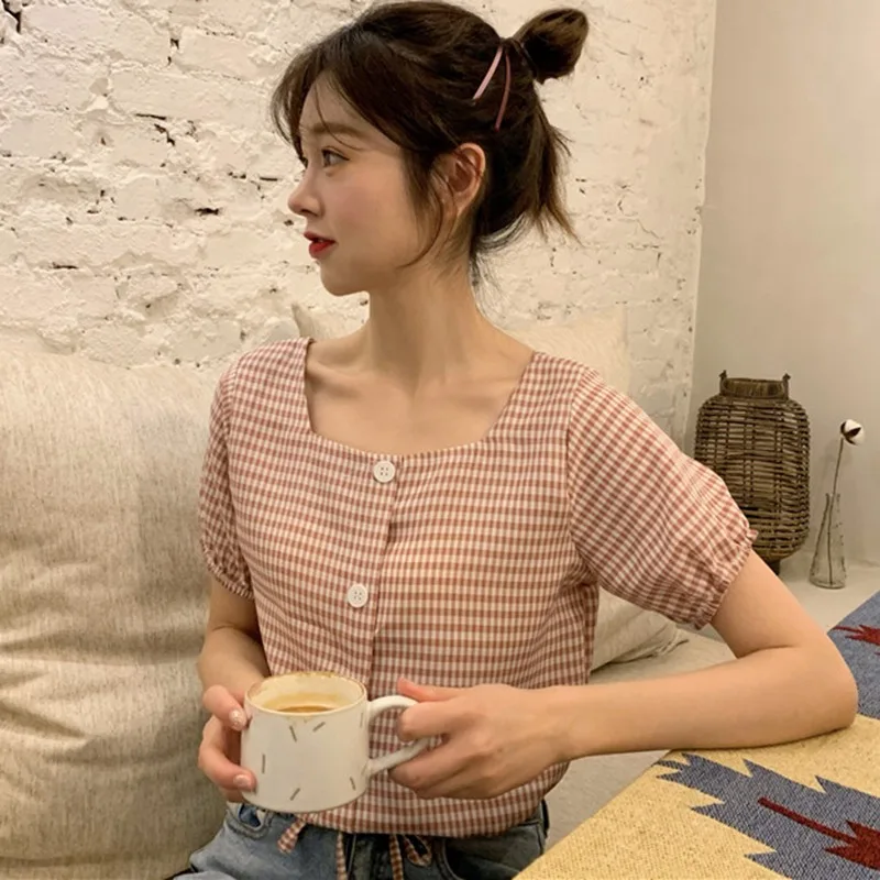 Женская блузка с круглым вырезом в Корейском стиле розовая винтажная