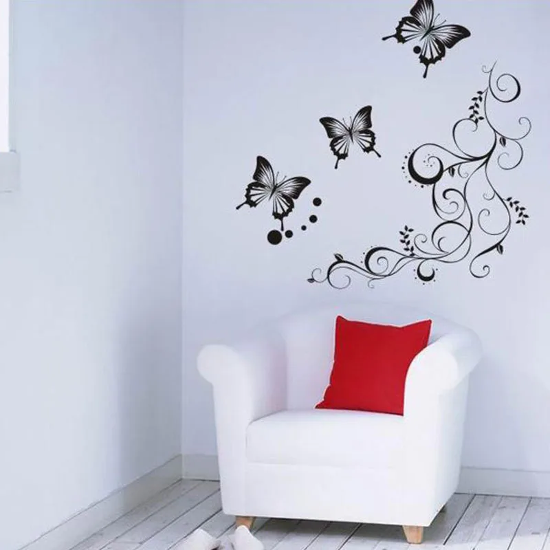 

Classical Black Flower Vine Butterfly Wall Stickers Home Decor Living Room Furniture Fridge Bedroom Wall Decals Diy Mural Art