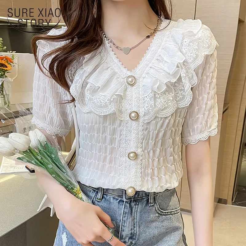 White Chiffon Lace Blouse Korean Chic Ruffle Blouse Women Shirt Sweet V-neck French Vintage Palace Style Short Sleeve Tops 15273
White Chiffon Lace Blouse Korean Chic Ruffle Blouse Women Shirt Sweet V-neck French Vintage Palace Style Short Sleeve Tops 15273