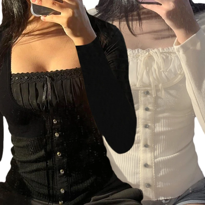 95AB Cute Crop Top Fashionable T Shirt Tops Lace Frill Bow Pullovers Sweet Square Collar T Shirt Academia Tee Tops w/ Buttons
95AB Cute Crop Top Fashionable T Shirt Tops Lace Frill Bow Pullovers Sweet Square Collar T Shirt Academia Tee Tops w/ Buttons