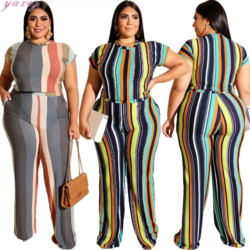 2020 Striped Print Plus Size 2 Piece Set Outfits Clothes For Women O Neck Short Sleeve Crop Top Wide Leg Pant Tracksuit Suit
2020 Striped Print Plus Size 2 Piece Set Outfits Clothes For Women O Neck Short Sleeve Crop Top Wide Leg Pant Tracksuit Suit