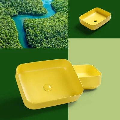 Керамическая квадратная раковина в скандинавском желтом стиле над стойкой для
