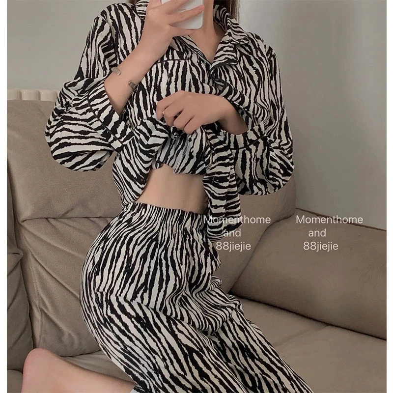 

Zebra Print Women Homewear Suit Spring Autumn Long Sleeve Ladies Pajamas Set with Long Pants Single Breasted Pijama Sets Female