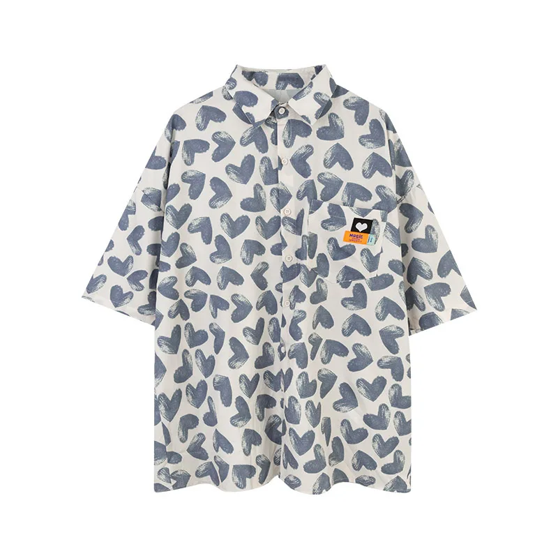 2021 summer new blue short-sleeved shirt loose Harajuku style niche full-print love top women
2021 summer new blue short-sleeved shirt loose Harajuku style niche full-print love top women