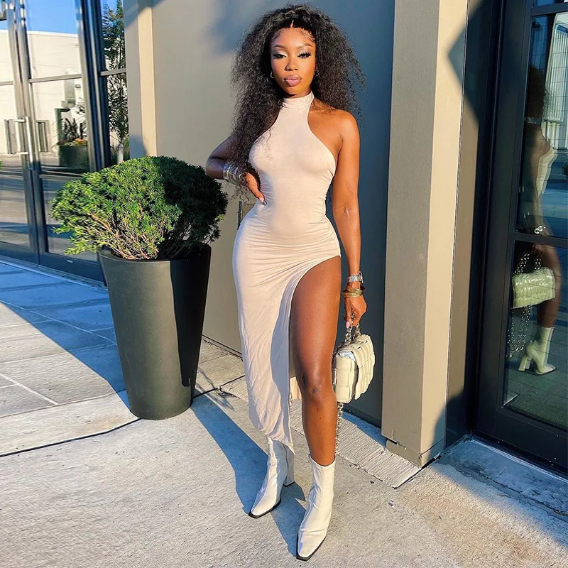 Summer Ladie Fashion Lace-up Halter Neckless Chest Slit Long Dress Sleeveless Tight-fitting Open Back Sexy Street Wear Party 
Summer Ladie Fashion Lace-up Halter Neckless Chest Slit Long Dress Sleeveless Tight-fitting Open Back Sexy Street Wear Party