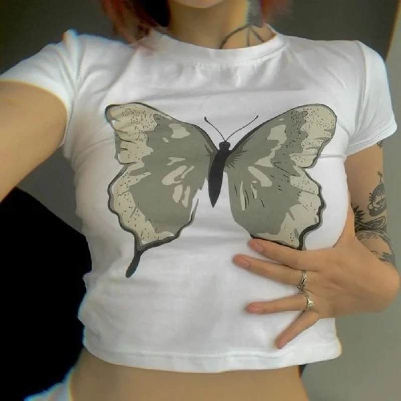 Women T-Shirt Summer Y2K Short Sleeve Crop Top Navel Slim Club Streetwear Harajuku Kawaii Butterfly print vintage clothes size
Women T-Shirt Summer Y2K Short Sleeve Crop Top Navel Slim Club Streetwear Harajuku Kawaii Butterfly print vintage clothes size