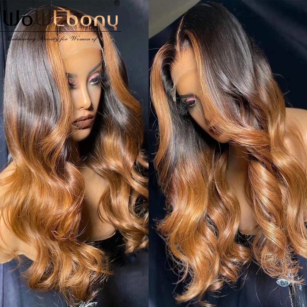 

Middle Part Highlight 1b/4/27 wavy human hair wigs brazilian ombre honey blonde body wave lace front wig for women 13x1 lace wig