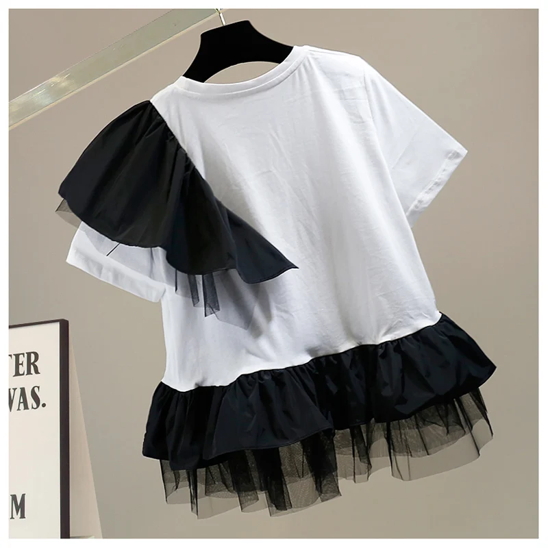 2021 Summer New Fashion Mesh Ruffled Color Contrast Patchwork T-shirt Women Short Sleeve Pullover Casual Loose Top for Ladies
2021 Summer New Fashion Mesh Ruffled Color Contrast Patchwork T-shirt Women Short Sleeve Pullover Casual Loose Top for Ladies