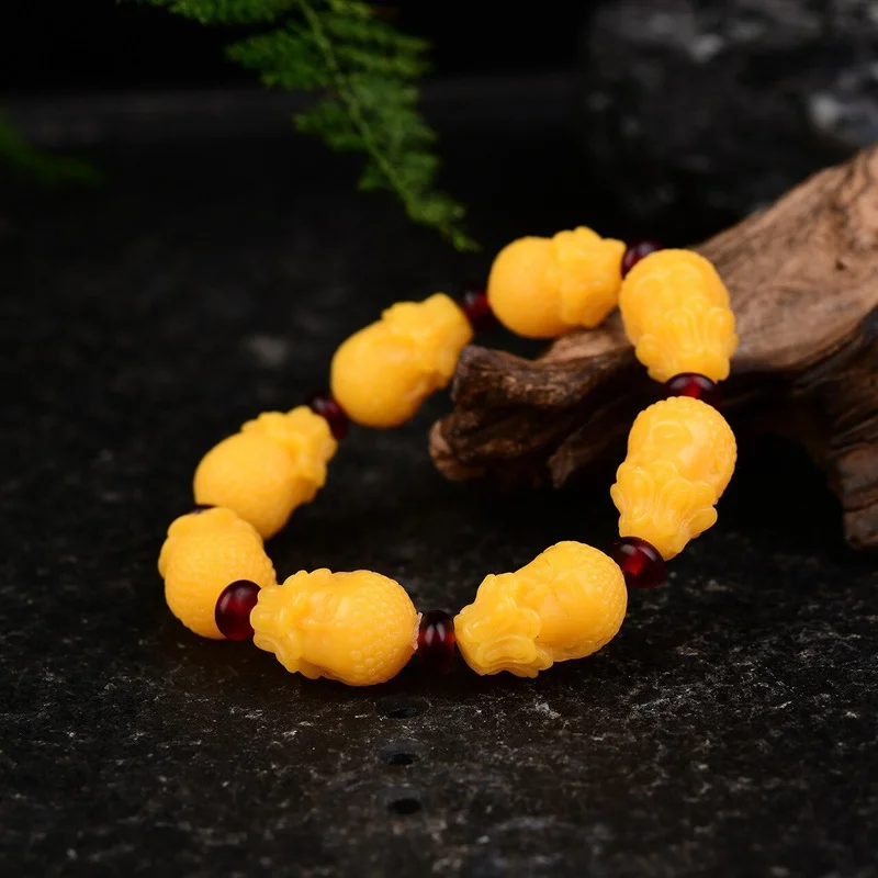 

Natural Baltic Amber Elastic Bracelet Men Women Jewelry Yellow Honey Wax Beaded Bangles Amber-beads Lucky Pixiu Amulet Bracelets