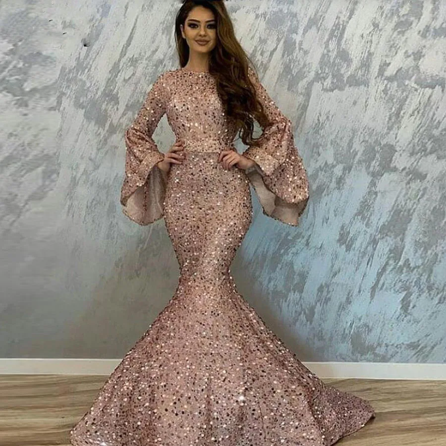 2021 New Sequined Mermaid Prom Dresses Flare Sleeves Ruched Customized Elegant Bling Long Evening Gowns Vestidos Longo
2021 New Sequined Mermaid Prom Dresses Flare Sleeves Ruched Customized Elegant Bling Long Evening Gowns Vestidos Longo