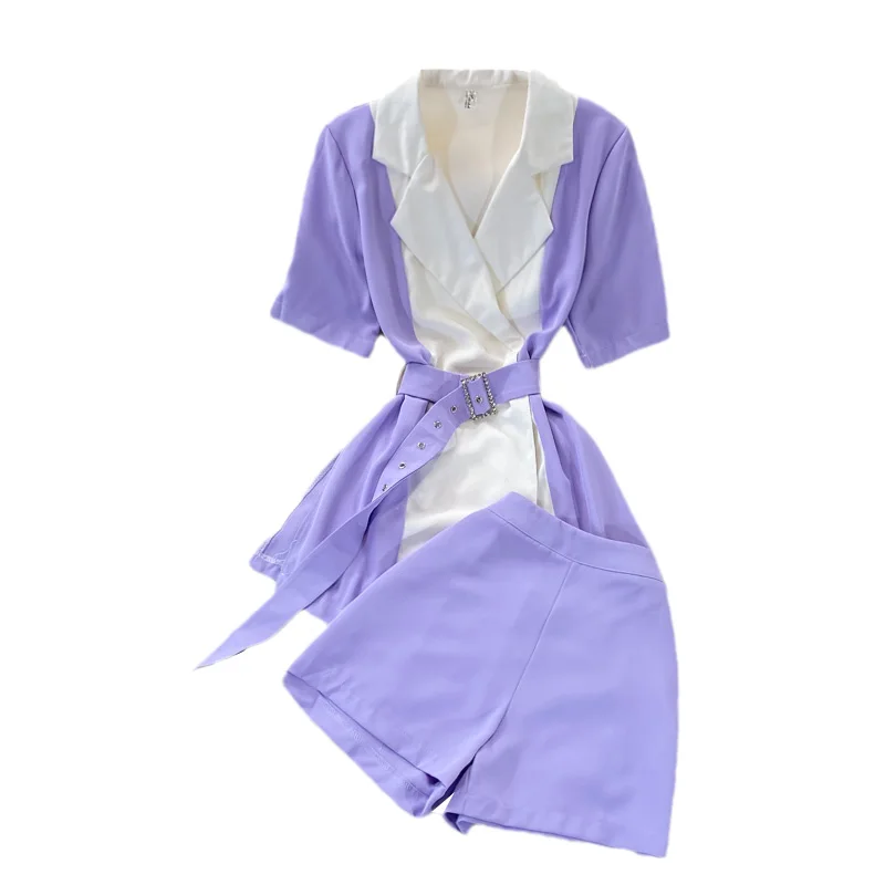 Kimutomo Fashion Suit 2021 Summer Notched Collar Color Matching Slim Short-sleeved Shirt High Waist Wide Leg Shorts Two-piece 
Kimutomo Fashion Suit 2021 Summer Notched Collar Color Matching Slim Short-sleeved Shirt High Waist Wide Leg Shorts Two-piece