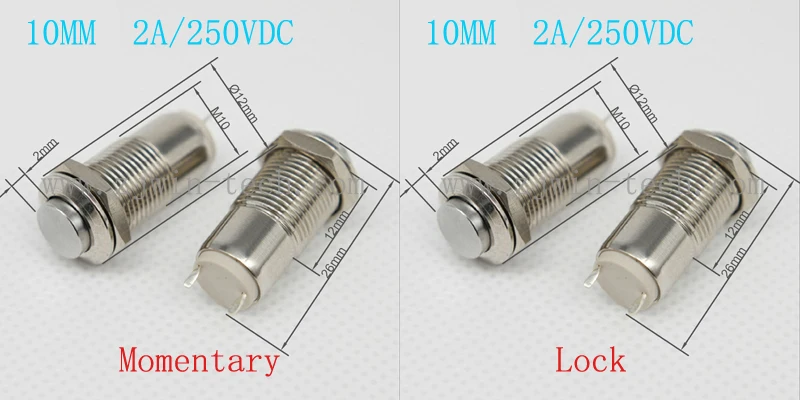 1PC Metal Button Switch 10MM hole 2A/250VDC reset no locking momentary/self locking 2pin soldering IP65
1PC Metal Button Switch 10MM hole 2A/250VDC reset no locking momentary/self locking 2pin soldering IP65