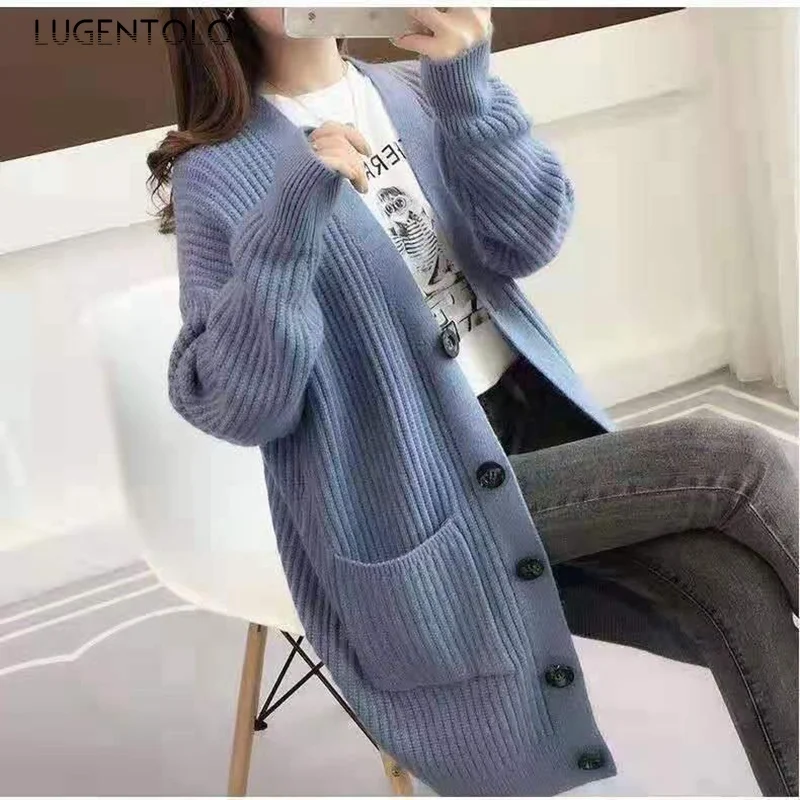 Women Cardigan Sweater Autumn Winter Korean Loose V-neck Single-breasted Pocket Fairy Knitted Women's Striped Sweaters Lugentolo
Women Cardigan Sweater Autumn Winter Korean Loose V-neck Single-breasted Pocket Fairy Knitted Women's Striped Sweaters Lugentolo