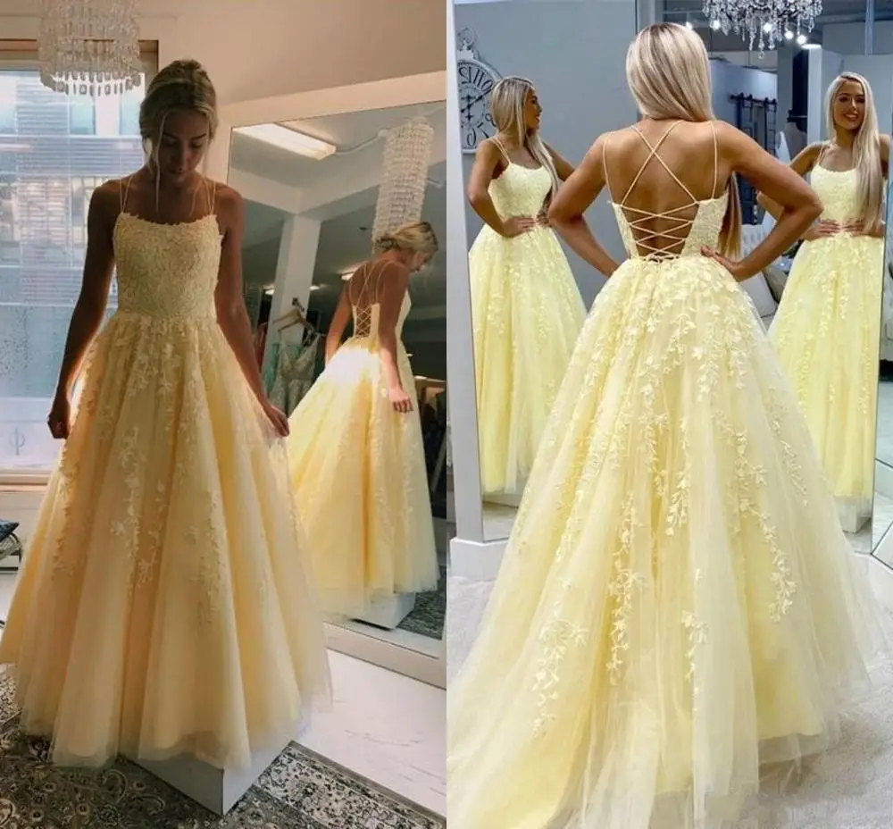 Sexy Light Yellow Blue A Line Prom Dresses Spaghetti Straps Backless Formal Evening Party Gowns Tulle Vestido Robe
Sexy Light Yellow Blue A Line Prom Dresses Spaghetti Straps Backless Formal Evening Party Gowns Tulle Vestido Robe