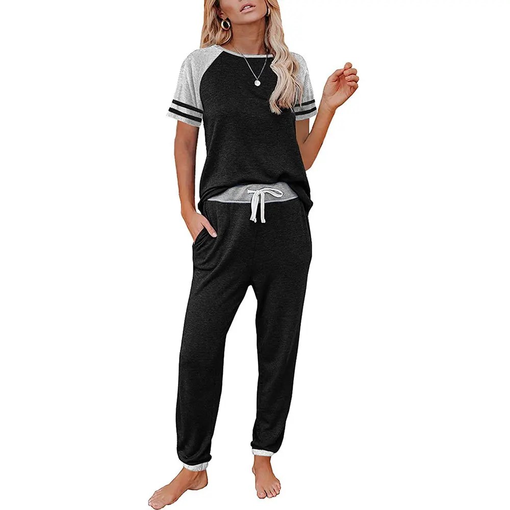 Summer Casual Sets Women Two Piece Contrast Color Patchwork Striped Short Sleeve T Shirt Drawstring Trousers Slim Pants Suit
Summer Casual Sets Women Two Piece Contrast Color Patchwork Striped Short Sleeve T Shirt Drawstring Trousers Slim Pants Suit