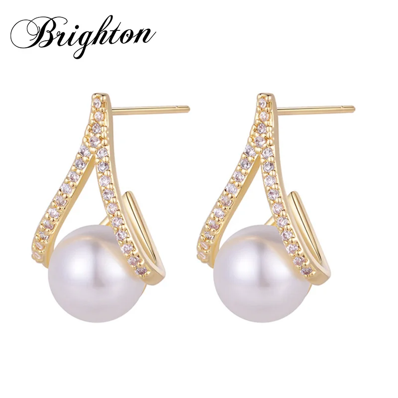 

Brighton Luxury Crystal Pearls Drop Earrings For Women Yellow Gold Color Party Charm Micro Inlay Zircon Jewelry 2021 Trend