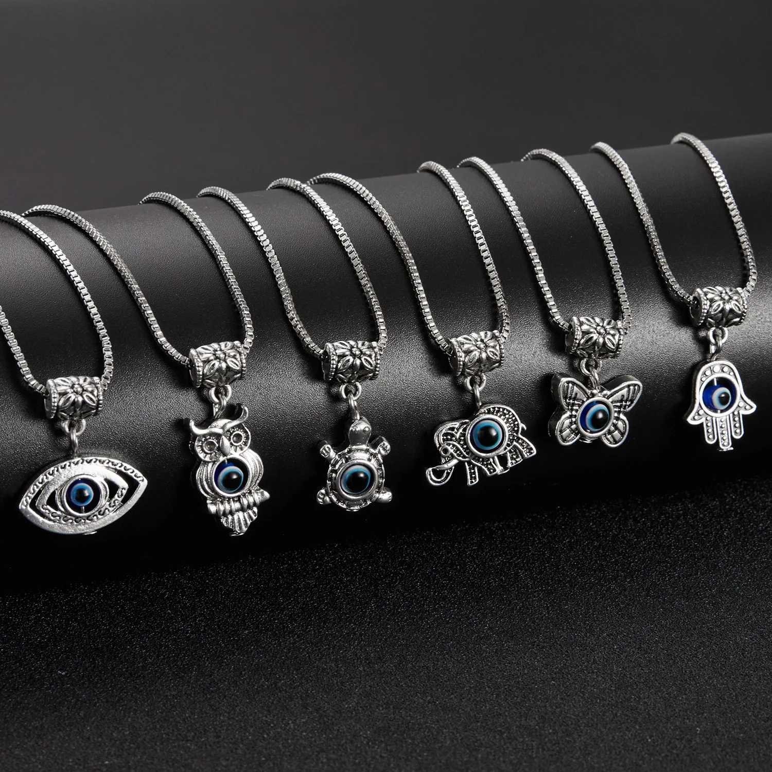 

Turkish Evil Eye Women Necklace Box Chain Lucky Jewelry Resin Blue Eye Hand Butterfly Owl Elephant Pendant Choker Clavicle Chain