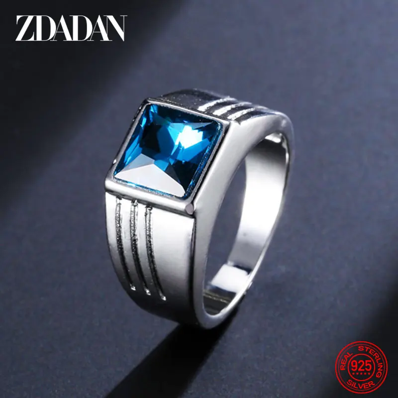 

ZDADAN 925 Sterling Silver Square Blue Crystal Ring For Women Fashion Party Jewelry