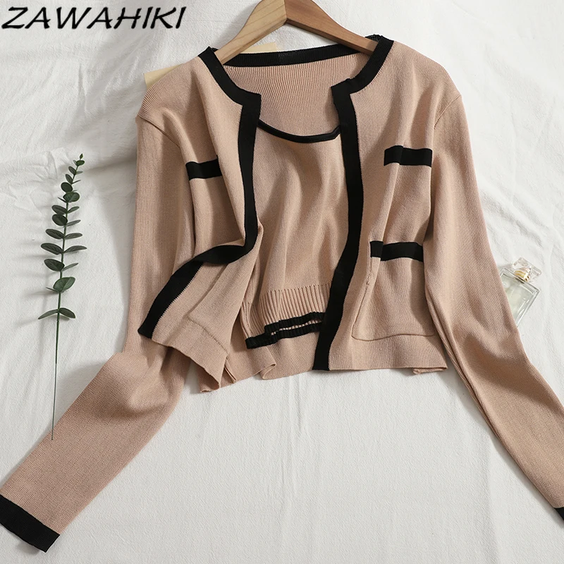 ZAWAHIKI Casual Contrast Color Long Sleeve O Neck Sweater Cardigan Short Knitted Camis Casual Suit New Spring Autumn Clothes
ZAWAHIKI Casual Contrast Color Long Sleeve O Neck Sweater Cardigan Short Knitted Camis Casual Suit New Spring Autumn Clothes