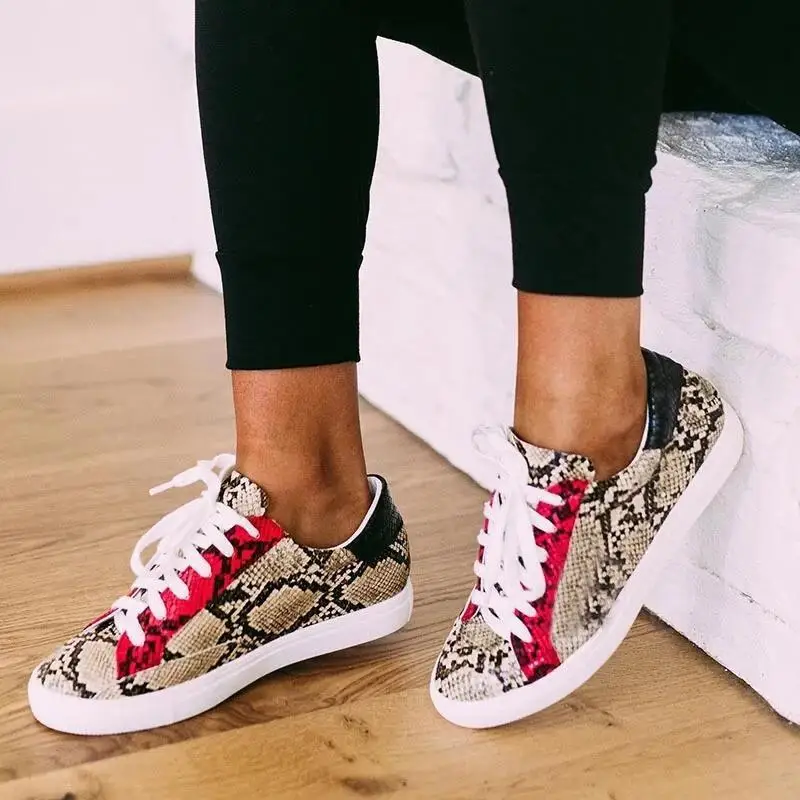 

2021 Women Snake Printing PU Leather Vulcanized Shoes Lace up Female Sneakers Fashion New Platform Woman Shoes Walking Footwear