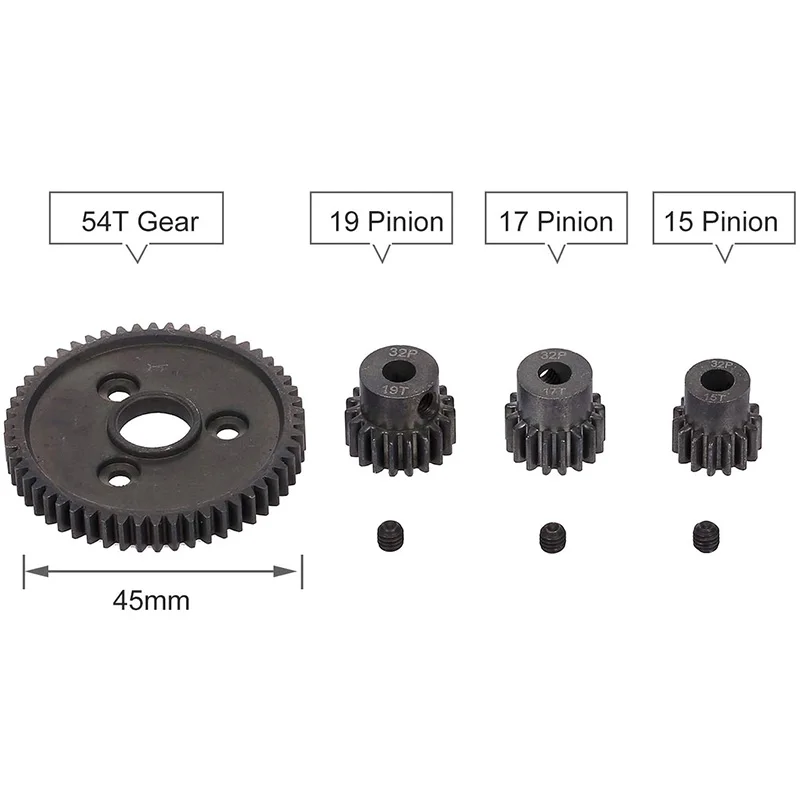 Heavy Duty Hardened Steel Spur 54T Gear with 15T/17T/19T Pinion for Traxxas Slash 4X4 Stampede 4X4 Traxxas 1/10 Summit Traxxas 1
Heavy Duty Hardened Steel Spur 54T Gear with 15T/17T/19T Pinion for Traxxas Slash 4X4 Stampede 4X4 Traxxas 1/10 Summit Traxxas 1