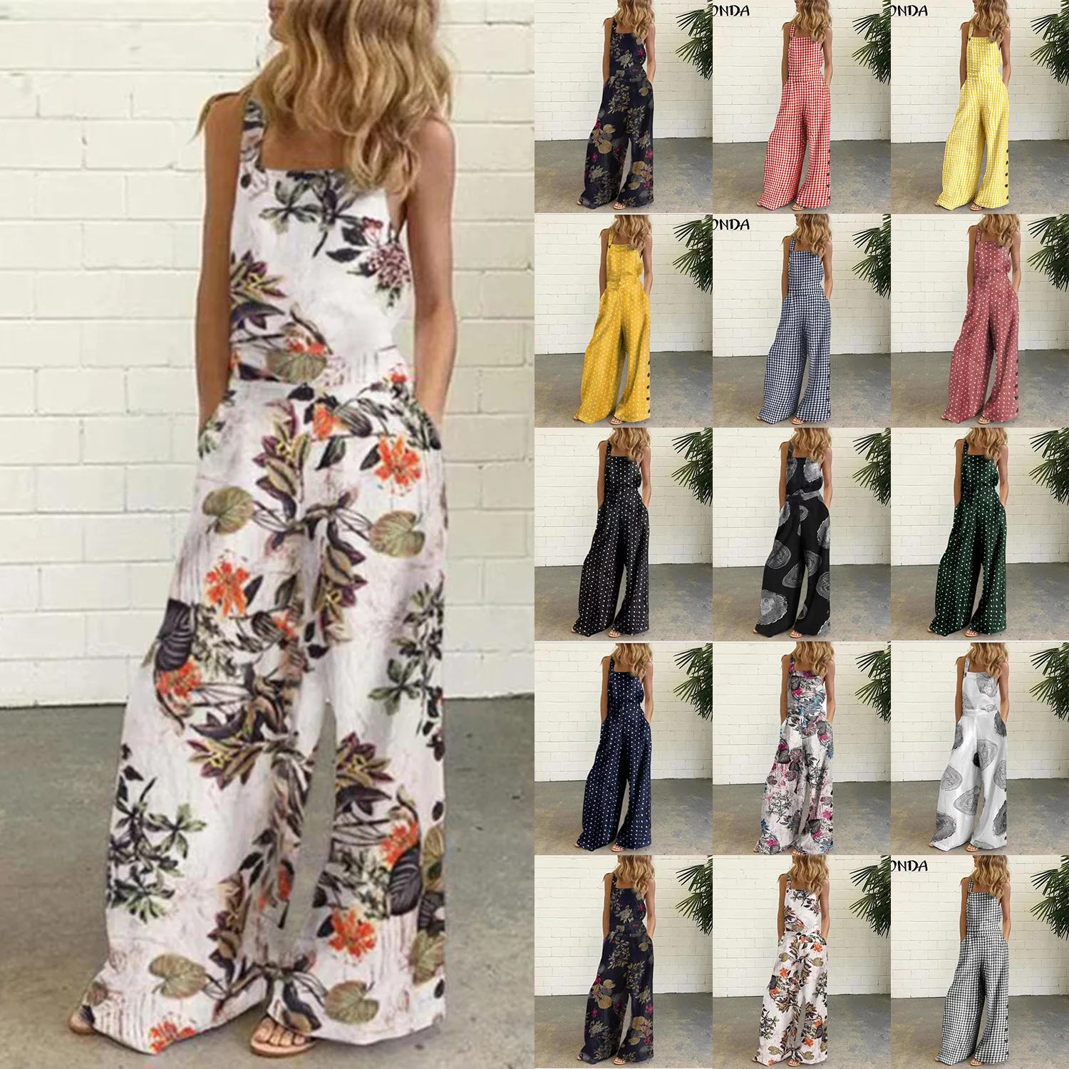 Women Flowers Off-shoulder Summer Holiday Casual Sleevesless Jumpsuits Fashion Ladies Plaid Loose Long Trousers Overalls 
Women Flowers Off-shoulder Summer Holiday Casual Sleevesless Jumpsuits Fashion Ladies Plaid Loose Long Trousers Overalls