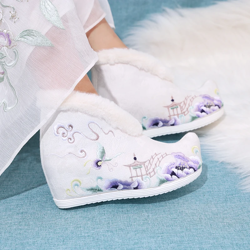 Женские флольные ботильоны с вышивкой Hanfu меховой подкладкой теплые зимние