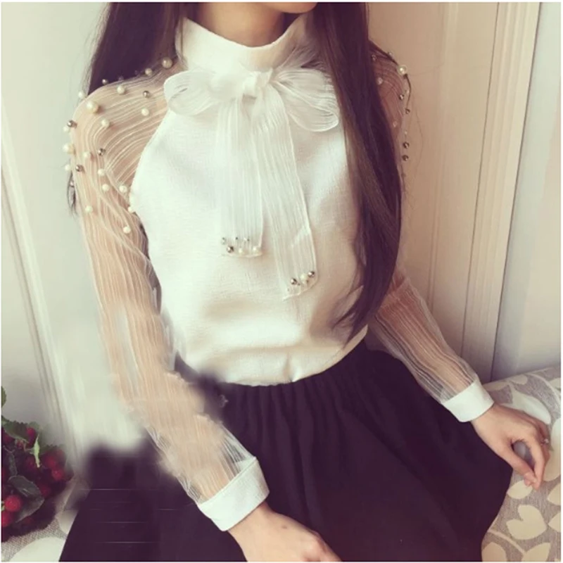 New Summer elegant organza bow of pearl white blouse women casual chiffon shirt long sleeve womens tops and blouses 
New Summer elegant organza bow of pearl white blouse women casual chiffon shirt long sleeve womens tops and blouses