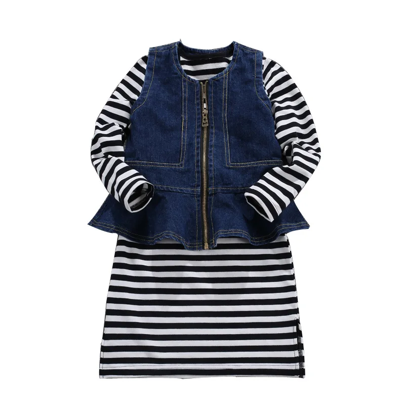 Children Clothing Sets 2020 Spring Autumn Girls Fashion Striped Dress+Denim Vest Sets 6 8 12 Y Kids Clothes Long sleeve Outfits
Children Clothing Sets 2020 Spring Autumn Girls Fashion Striped Dress+Denim Vest Sets 6 8 12 Y Kids Clothes Long sleeve Outfits