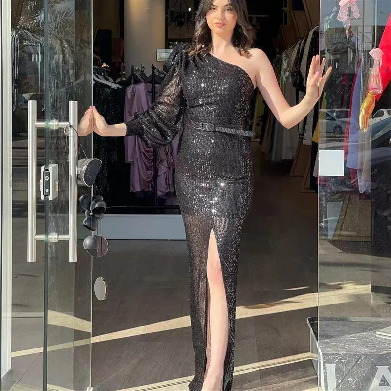 Black Sequined Prom Dresses One Shoulder Split Evening Gown Party Formal Dress For Women Robe De Soirée Femme
Black Sequined Prom Dresses One Shoulder Split Evening Gown Party Formal Dress For Women Robe De Soirée Femme