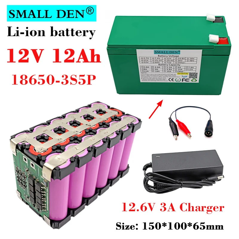 12V 12Ah 18650 li-ion battery pack 3S5P 12000mAh for Sprayer device Kids toys 250W UPS 12V Power Supply BMS + 12.6V 3A Charger 
12V 12Ah 18650 li-ion battery pack 3S5P 12000mAh for Sprayer device Kids toys 250W UPS 12V Power Supply BMS + 12.6V 3A Charger