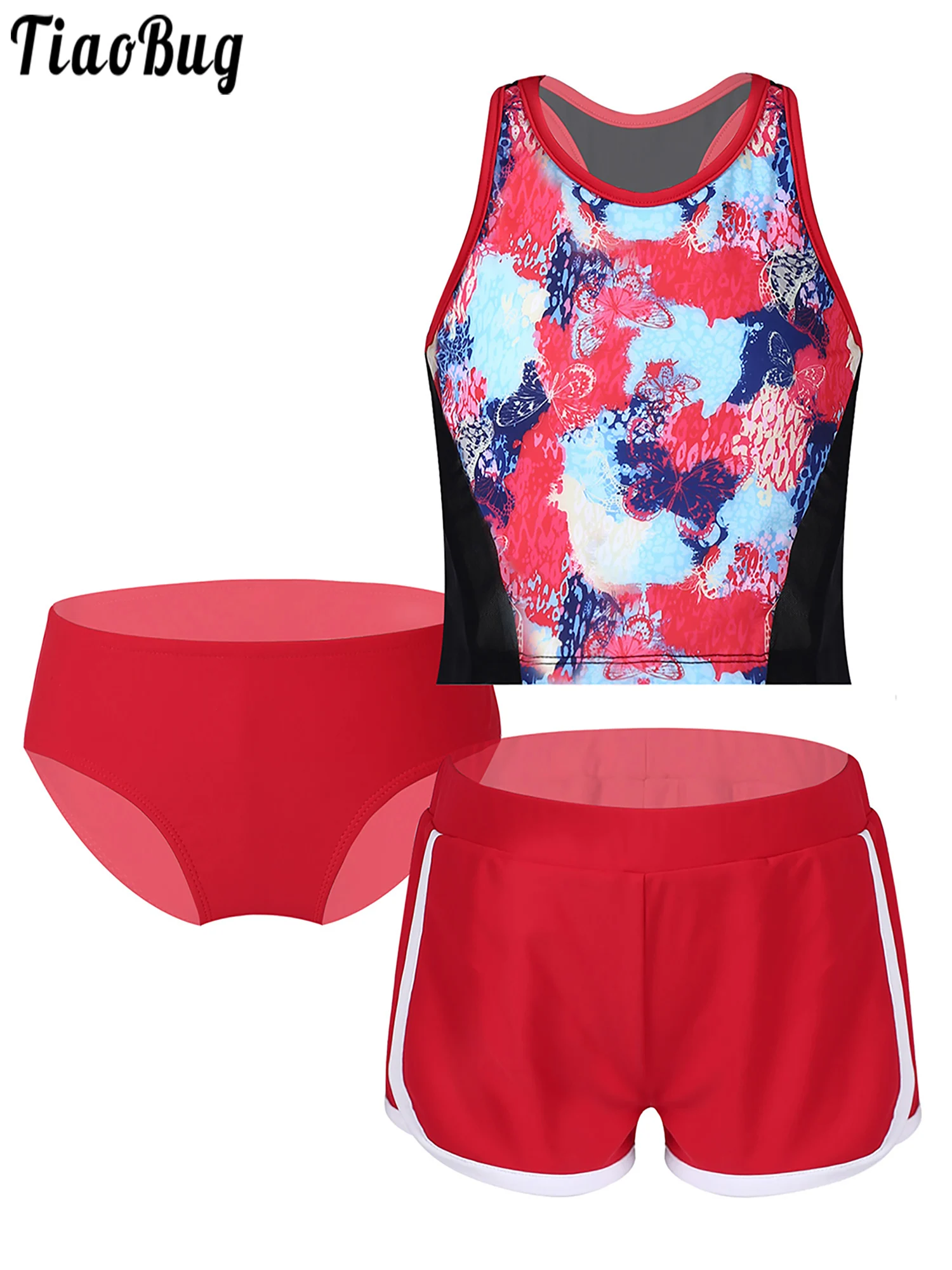 

TiaoBug Summer 3Pcs Kids Girls Swimsuit Round Neck Sleeveless Racer Back Vest With Briefs And Shorts Set Swimwear Beachwear
