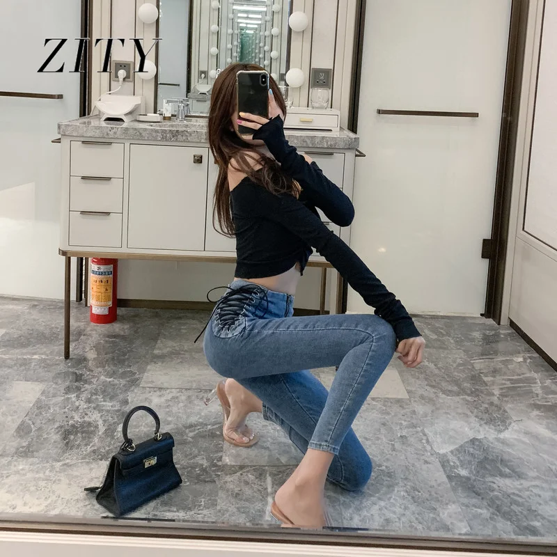 Women's High Waist Tie Jeans Black Blue Stretch Slim Slimming Pencil Pants Zipper Washed Denim Cropped Pants Women
Women's High Waist Tie Jeans Black Blue Stretch Slim Slimming Pencil Pants Zipper Washed Denim Cropped Pants Women