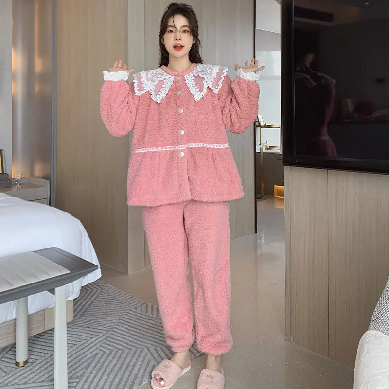 FZSLCYIYI Women Lace Trim Princess Collar Long Sleeve Shirt Pants Coral Fleece Pajamas Winter Flannel 2PCS Sleepwear Nightwear
FZSLCYIYI Women Lace Trim Princess Collar Long Sleeve Shirt Pants Coral Fleece Pajamas Winter Flannel 2PCS Sleepwear Nightwear