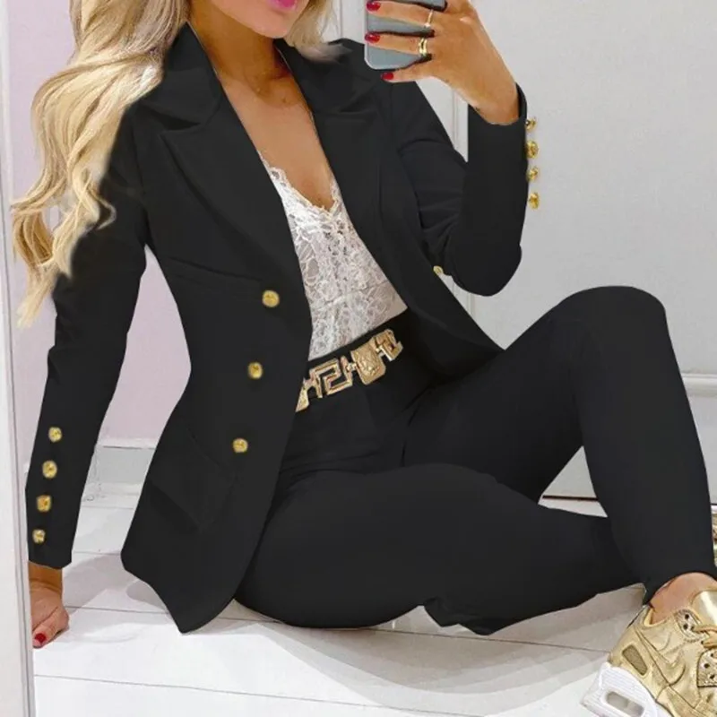 2021 Autumn Solid Blazer Sets Women Elegant Double Breasted Slim Blazer High Waist Pants 2 Piece Sets
2021 Autumn Solid Blazer Sets Women Elegant Double Breasted Slim Blazer High Waist Pants 2 Piece Sets