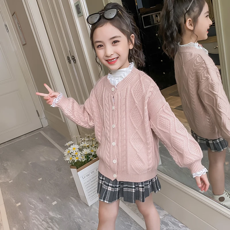 Girls Pink Beige Lace Decoration Sweater Cardigan 6-12 Years Old Girls Sweater Twist Knit Jacket Round Neck Single-breasted Top
Girls Pink Beige Lace Decoration Sweater Cardigan 6-12 Years Old Girls Sweater Twist Knit Jacket Round Neck Single-breasted Top