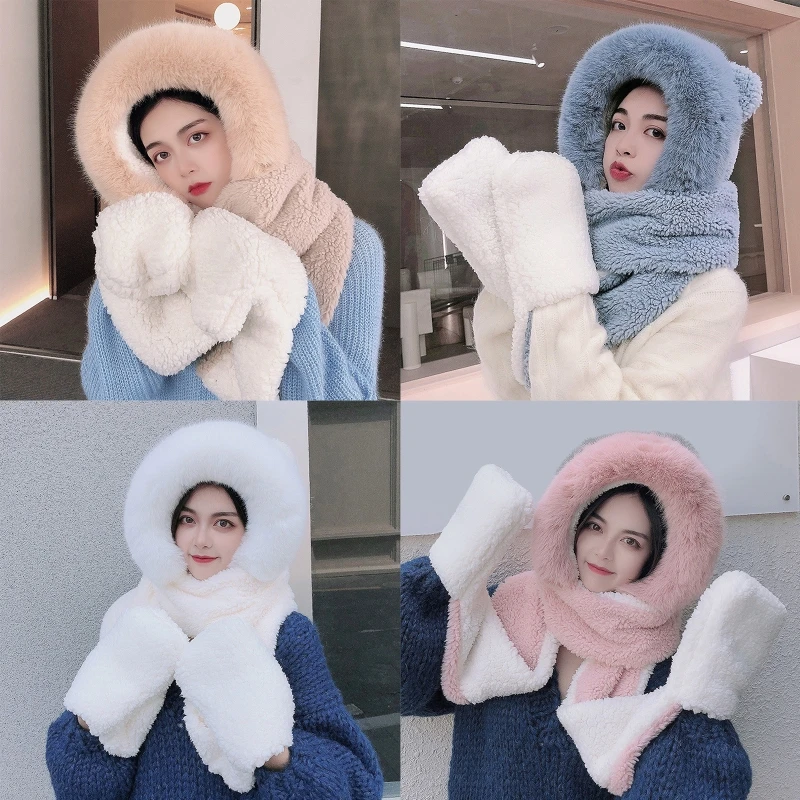 Women Winter Fuzzy Thicken Warm 3 In 1 Cartoon Ears Hooded Scarf Hat Gloves Set M89E 
Women Winter Fuzzy Thicken Warm 3 In 1 Cartoon Ears Hooded Scarf Hat Gloves Set M89E