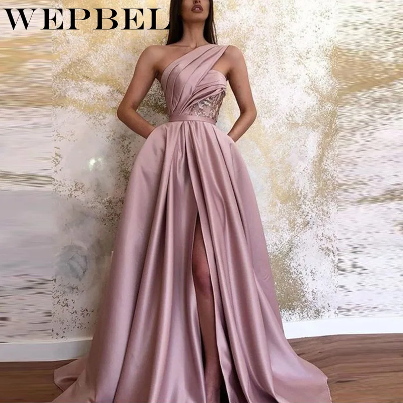 

WEPBEL Summer Sleeveless Solid Color Splicing Floor-Length Dress Women's Sexy One-Shoulder Slash Neck High Waist Slit Dress