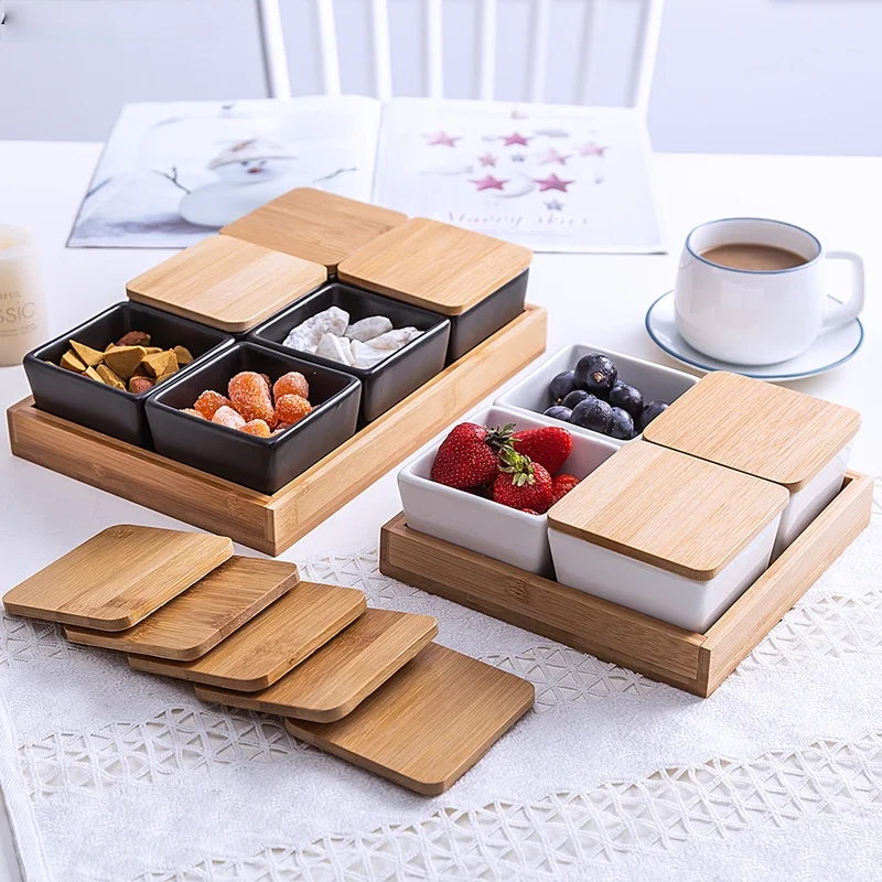 

Creative Wooden Tray Snack Bowl Japanese Dim Sum Platter Bowl White Ceramic Dried Fruit Tray Home Organizer Salad Dessert Plate