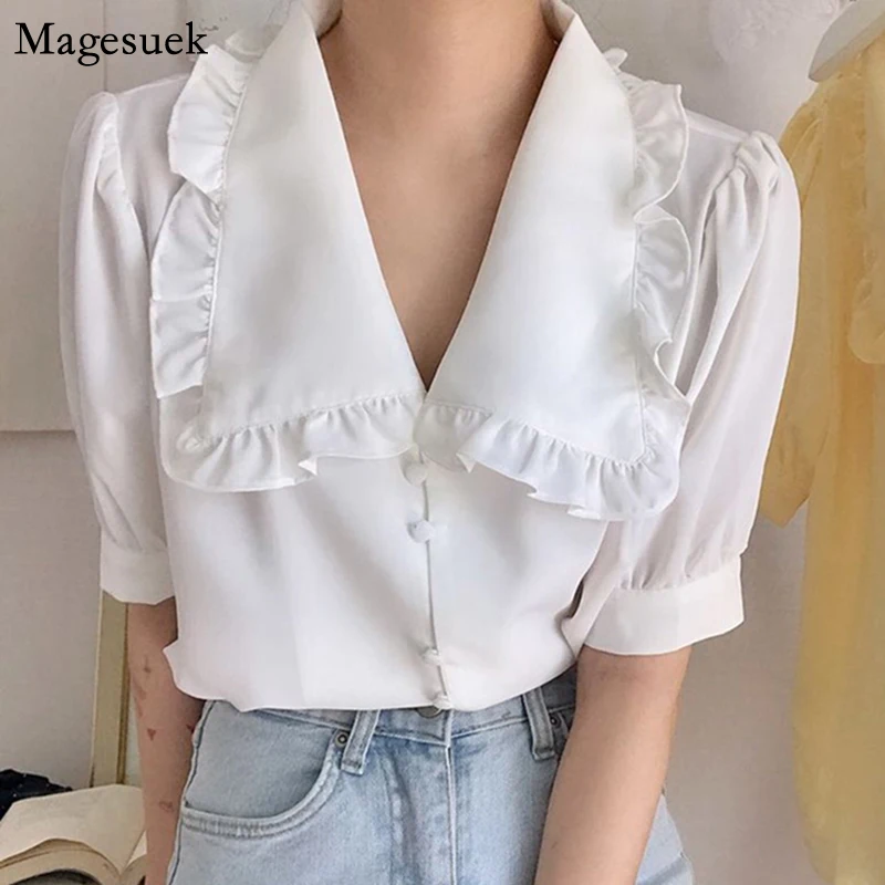 Korean Chic Sweet Peter Pan Collar White Blouse Women Short Sleeve Casual Chiffon Shirts Female Blusas Fashion Ladies Tops 14142
Korean Chic Sweet Peter Pan Collar White Blouse Women Short Sleeve Casual Chiffon Shirts Female Blusas Fashion Ladies Tops 14142